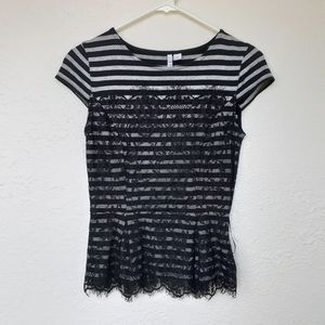 ELLE Black Lace Striped Peplum Blouse